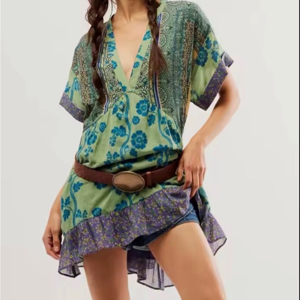 Free People Green and Blue Mini Dress
